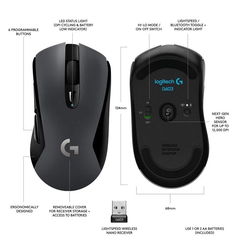 Logitech G603 Wireless Gaming Mouse Lightspeed Optical 12000DPI Bluetooth Mouse HERO Dual Connectivity Mice for Mouse Gamer