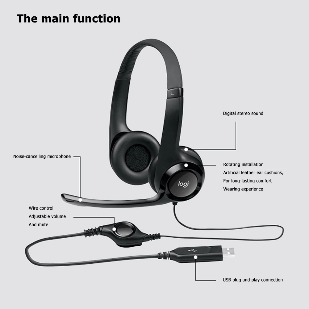 Logitech H390 Wired Computer Headphones With Noise Reduction Foldable USB Stereo Headset With Mic For Laptop PC Gamer Original