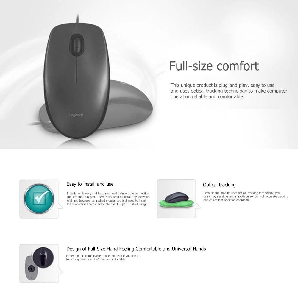 Logitech M90 Wired Mouse Ergonomic Design Optical Mouse Gaming Office Mice For PUBG LOL Laptop Desktop PC 100% Original