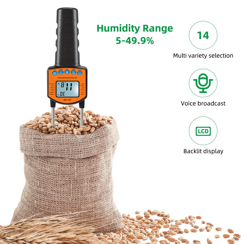 JGL-188 Digital Grain Moisture Meter Humidity Temperature Tester LCD Metal Sensor Voice Broadcast for Corn Wheat Rice Bean Flour