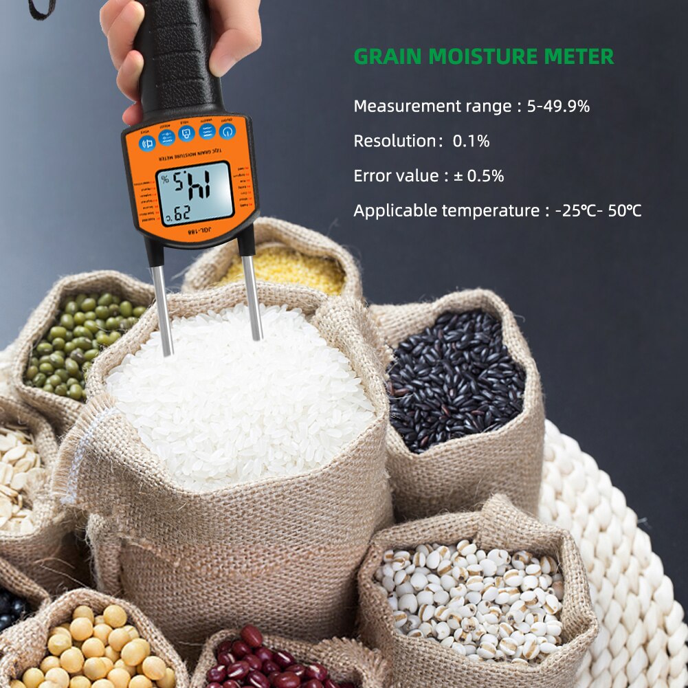 JGL-188 Digital Grain Moisture Meter Humidity Temperature Tester LCD Metal Sensor Voice Broadcast for Corn Wheat Rice Bean Flour
