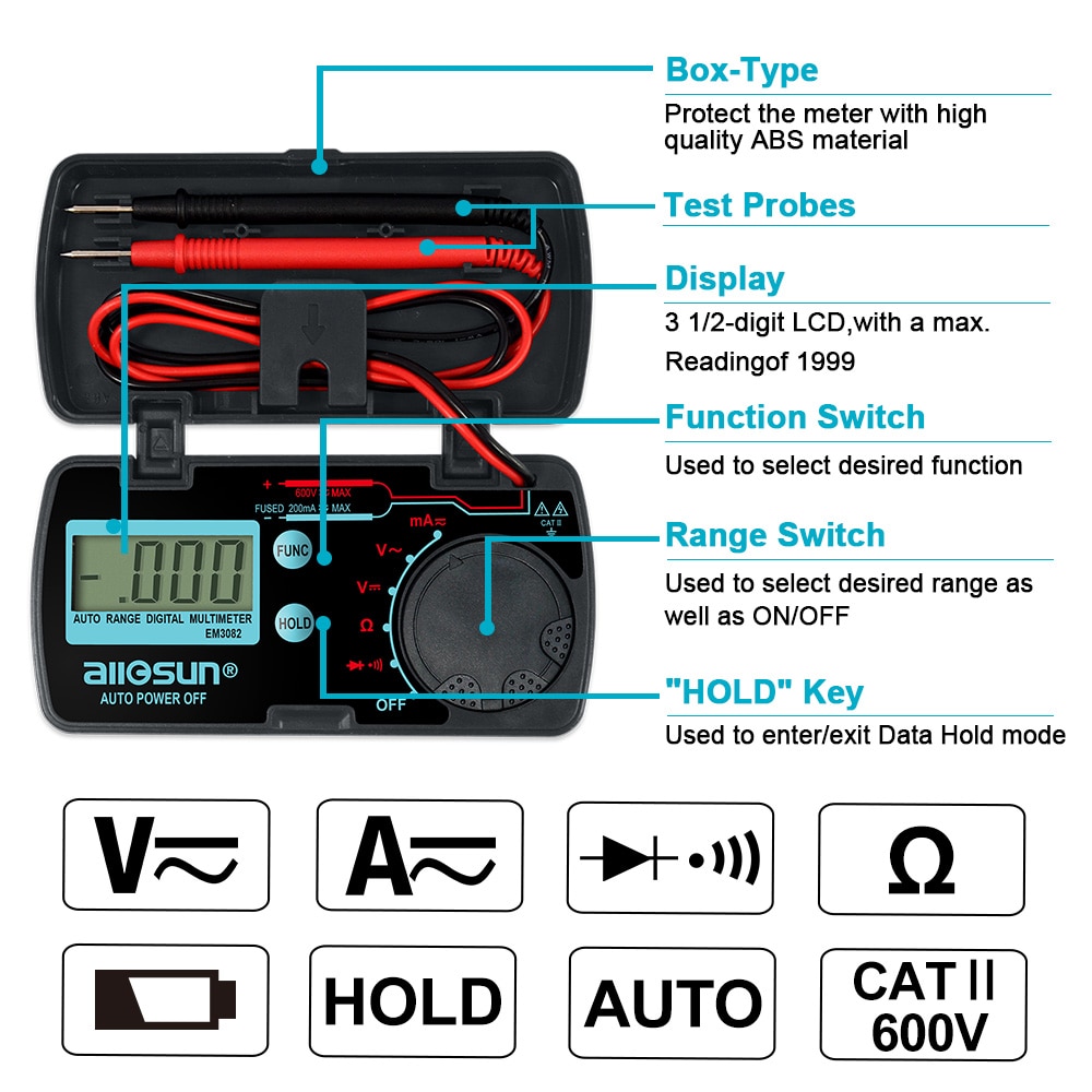 EM3082 Mini Auto Range Digital Multimeter  Tester AC DC Ammeter Voltmeter Ohm Portable Pocket Meter voltage meter