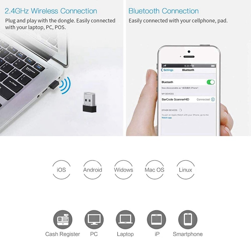 Mini Barcode Scanner Bluetooth/ 2.4G Wireless 1D 2D QR PDF417 Bar code for iPad iPhone Android Tablets PC