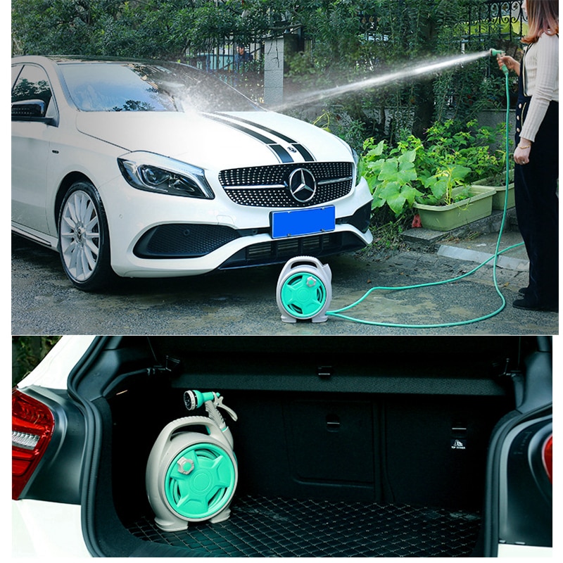 Mini Portable Garden Pipe Hose Reel Cart 15M With Water Spray Gun Set Agricultural Home Garden Storage Suit Cart Car Wash Hose Car