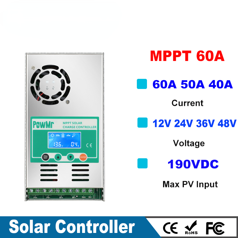 MPPT 60A Solar Charge Controller 12V 24V 36V 48V Auto For Max 190VDC PV Input Vented Sealed Gel Nicd Li Solar Cells Panel