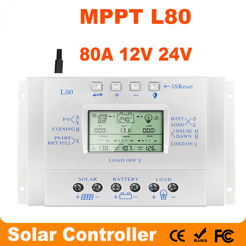 MPPT L80 Solar Charger Controller 80A USB 1.5A 5V 12V 24V LCD Solar Panel Regulator With Load Timer And Light Control For Lighting