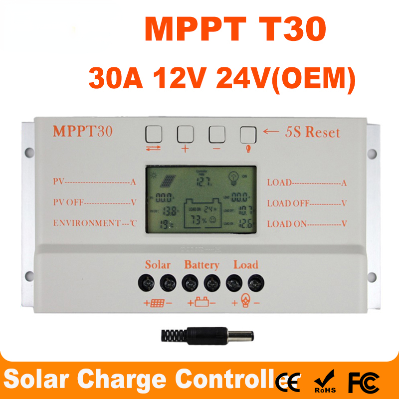MPPT T30 Solar Charge Controller 30A 5V USB Charger 12V 24V Auto Solar Panel Battery LCD Charger Regulator MPPT  30Amps PV System