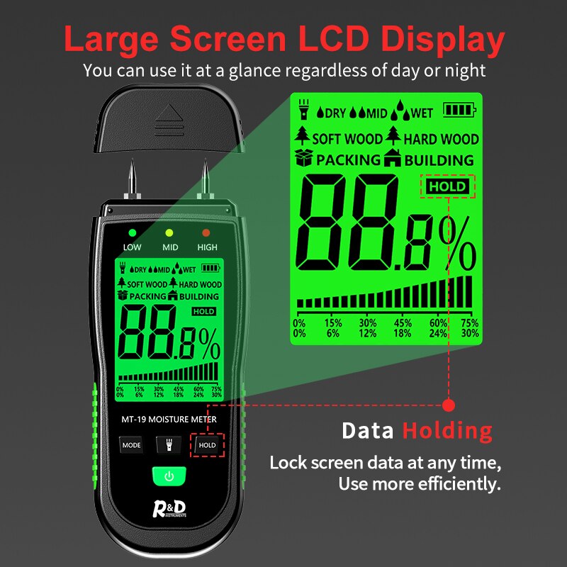 MT-19 Wood Moisture Meter Carton Humidity tester Tree Hygrometer with Two Pins LCD backlight screen and flashlight