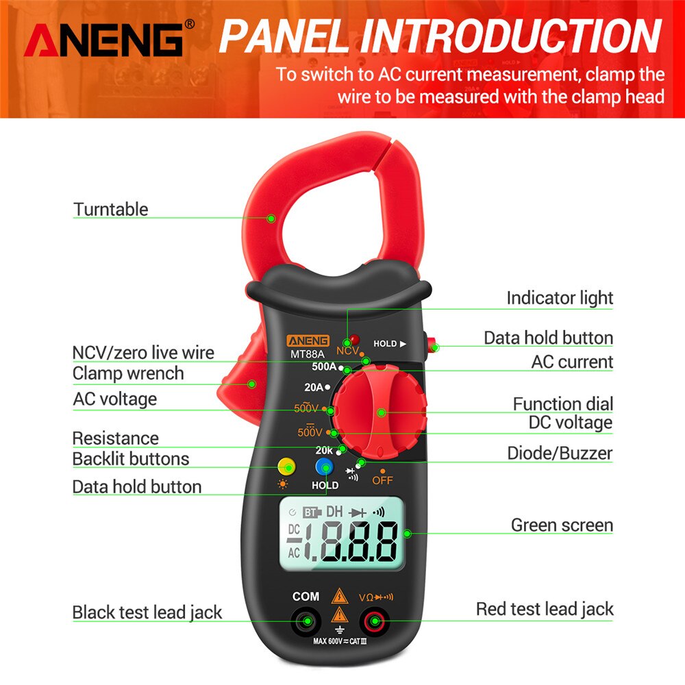 ANENG MT88A Digital Professional Clamp Meter AC Current 6000 Counts True RMS Multimeter DC/AC Voltage Tester Diode NCV Ohm Tests