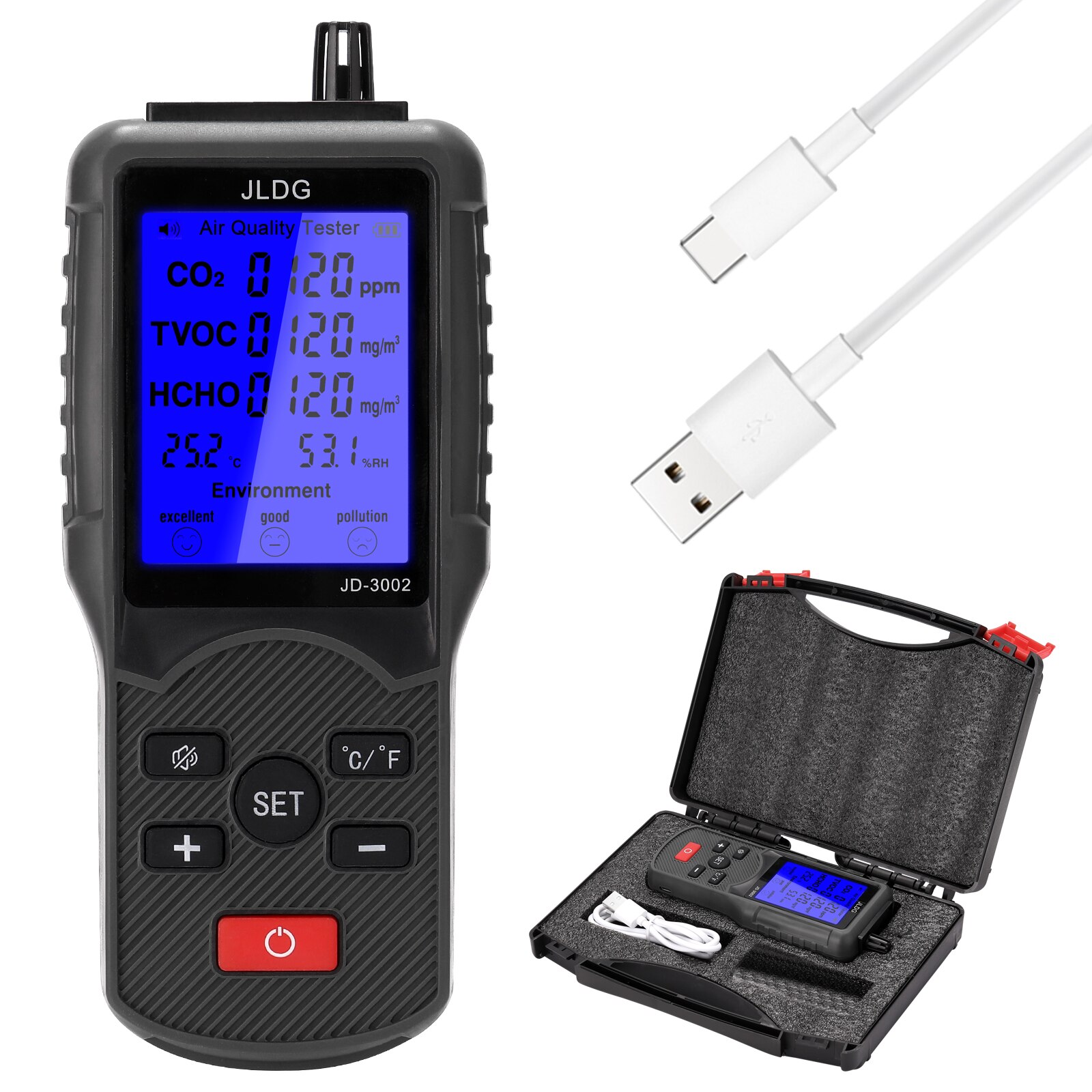 JD-3002 8 in 1 Multifunctional Air Quality Tester CO2 TVOC Meter Temperature Humidity Measuring Device USB Rechargeable Monitor