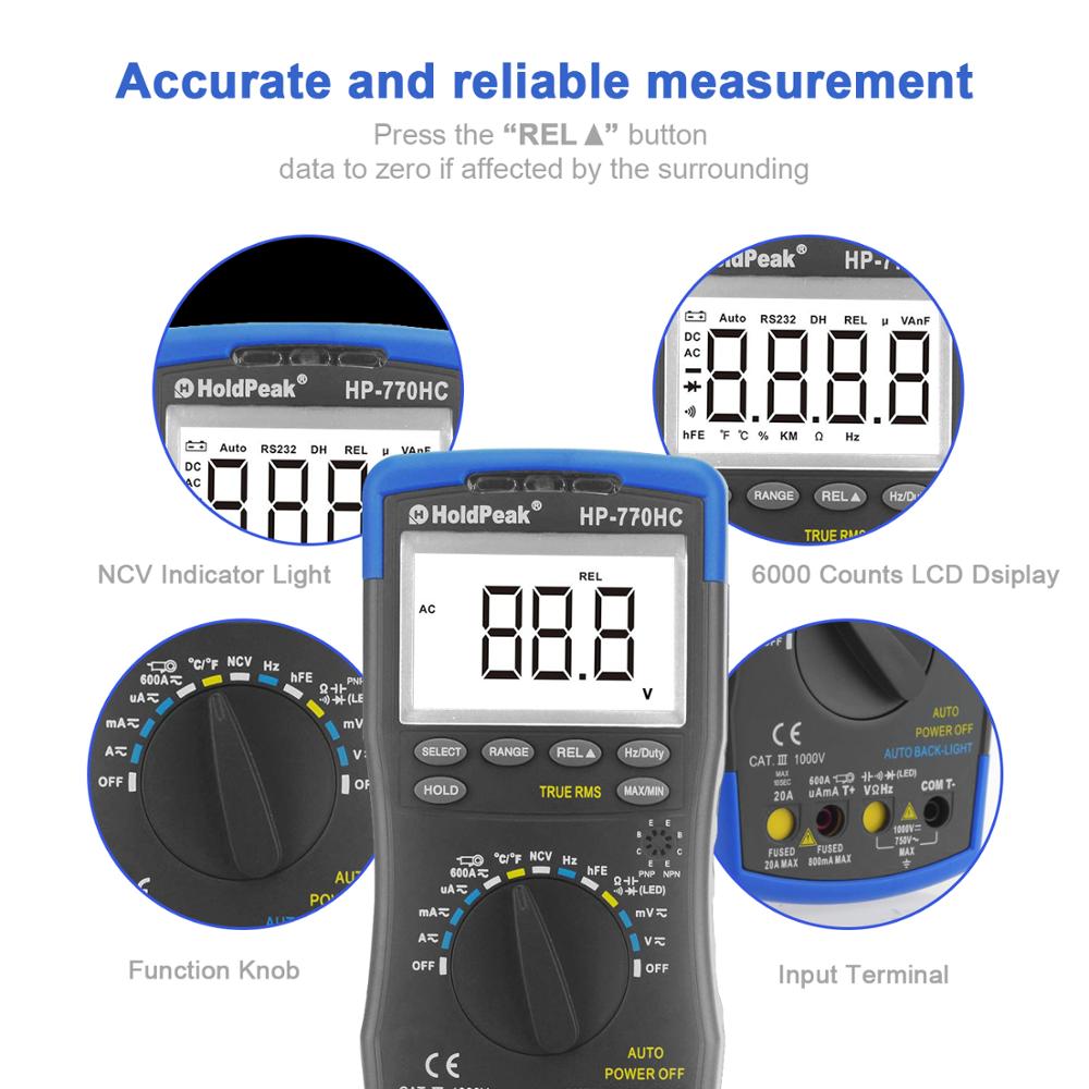 HP-770HC Multimetro HoldPeak Digital Auto Range Multimeter AC DC Voltage Meter Measurement Temperature/ Frequency/ Duty Cycle/ True RMS