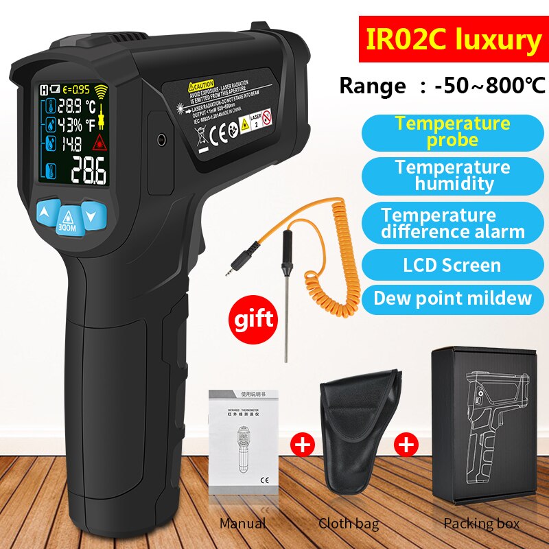 IR02C Non-Contact Infrared Thermometer with K Probe LCD IR Laser Digital Temperature Thermometer Gun Termometro Hygrometer Pyrometer
