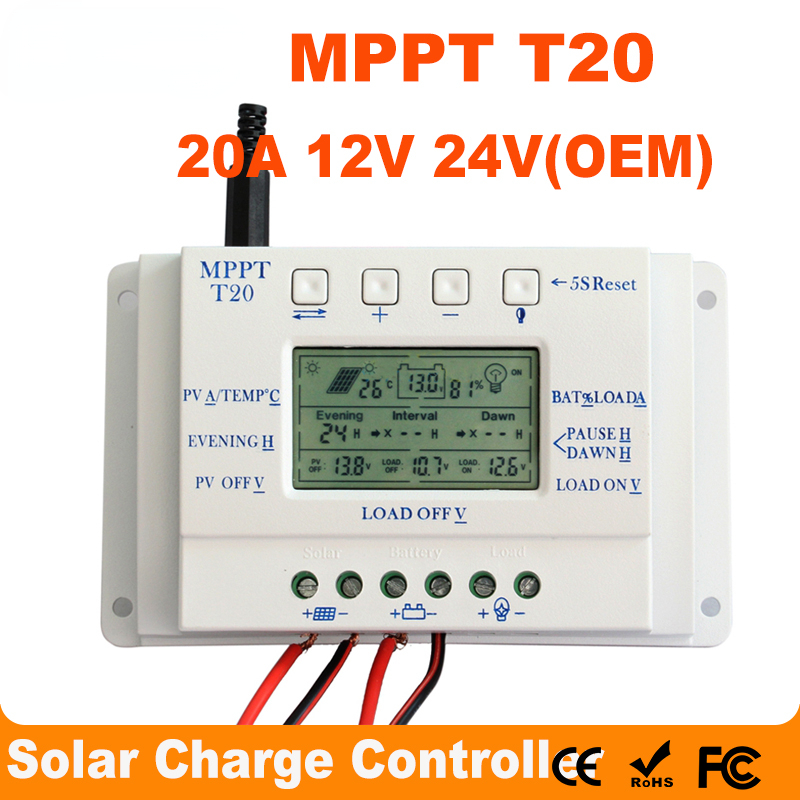 OEM LCD Display 20A MPPT 12V/24V Solar Panel Battery Regulator Charge Controller without Any Logo On Surface T20 LCD Wholesales