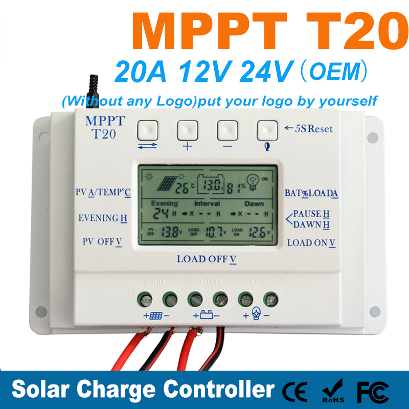 OEM LCD Display 20A MPPT 12V/24V Solar Panel Battery Regulator Charge Controller without Any Logo On Surface T20 LCD Wholesales