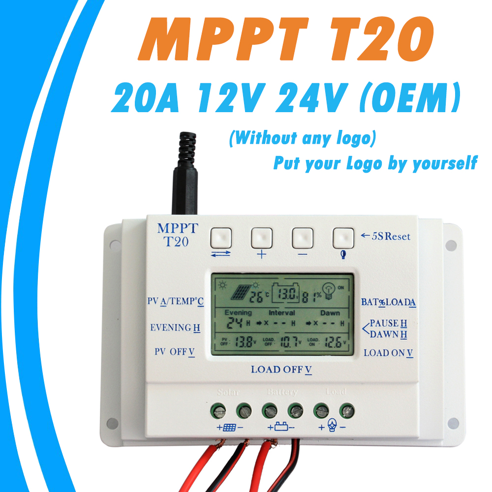 OEM LCD Display 20A MPPT 12V/24V Solar Panel Battery Regulator Charge Controller without Any Logo On Surface T20 LCD Wholesales