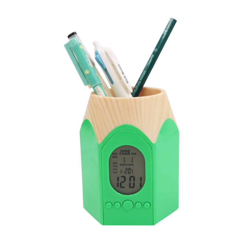 Office Pen Holder Digital Thermometer Clocks Desk Organizer Electronic Temperature Alarm Clock Calendar PE Pencil Container