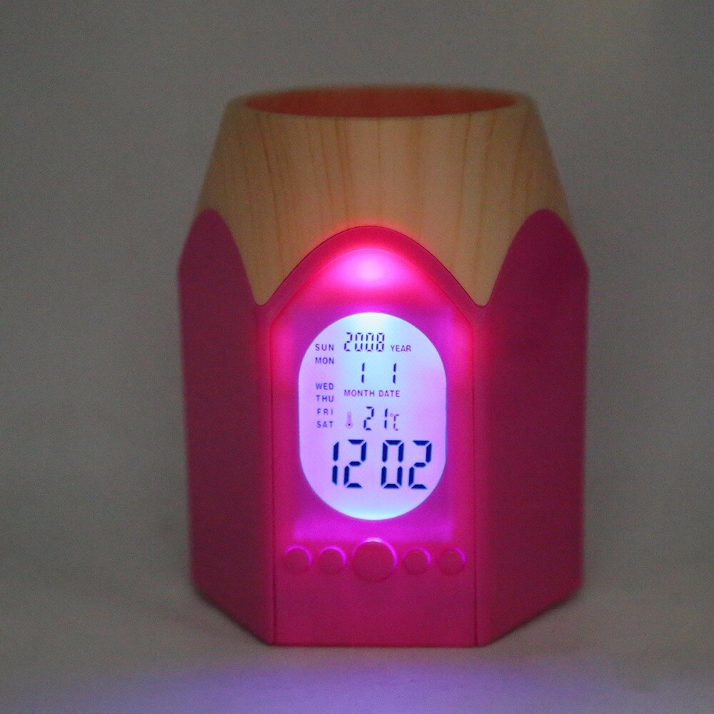 Office Pen Holder Digital Thermometer Clocks Desk Organizer Electronic Temperature Alarm Clock Calendar PE Pencil Container