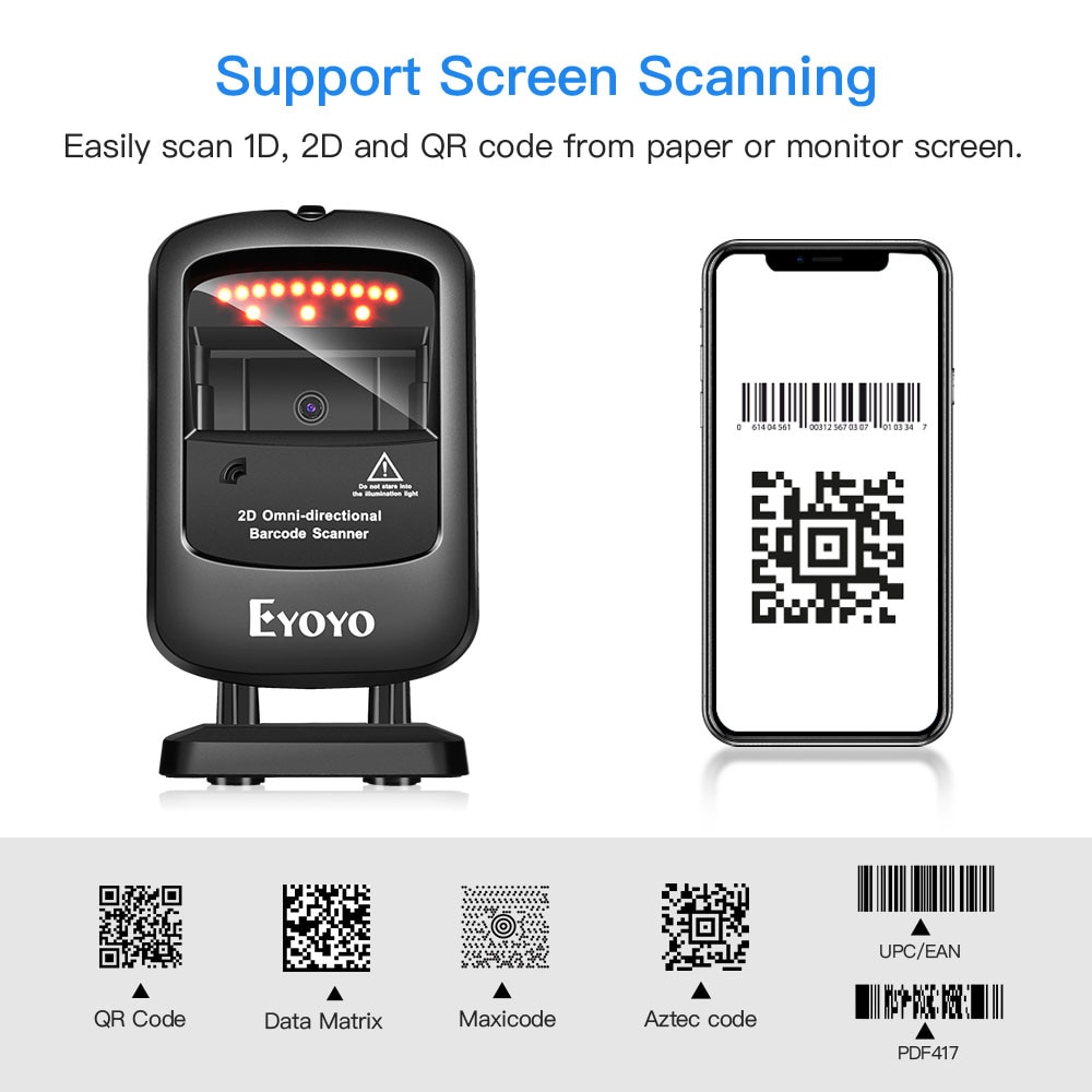 EY-2200 Omnidirectional 2D Wired Barcode Scanner with infrared auto-sensing scanning with decoding capability handfree scanner