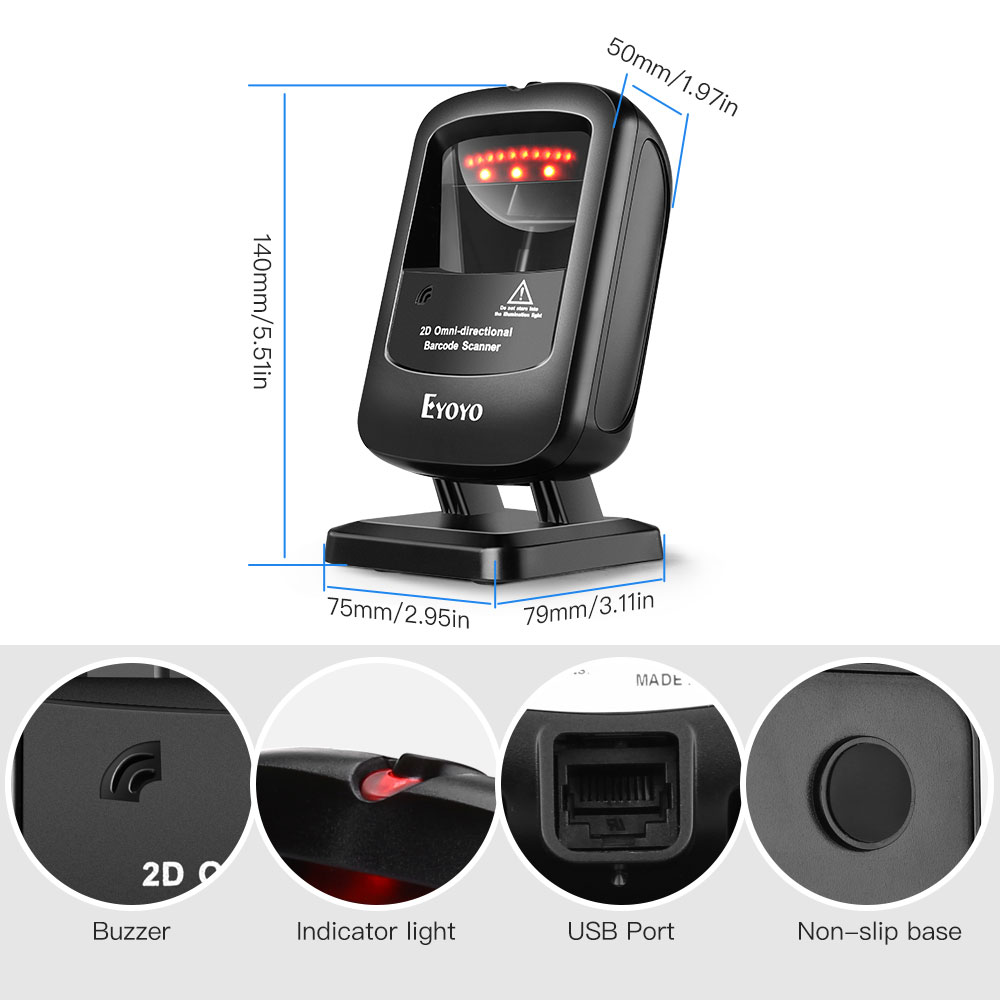 EY-2200 Omnidirectional 2D Wired Barcode Scanner with infrared auto-sensing scanning with decoding capability handfree scanner