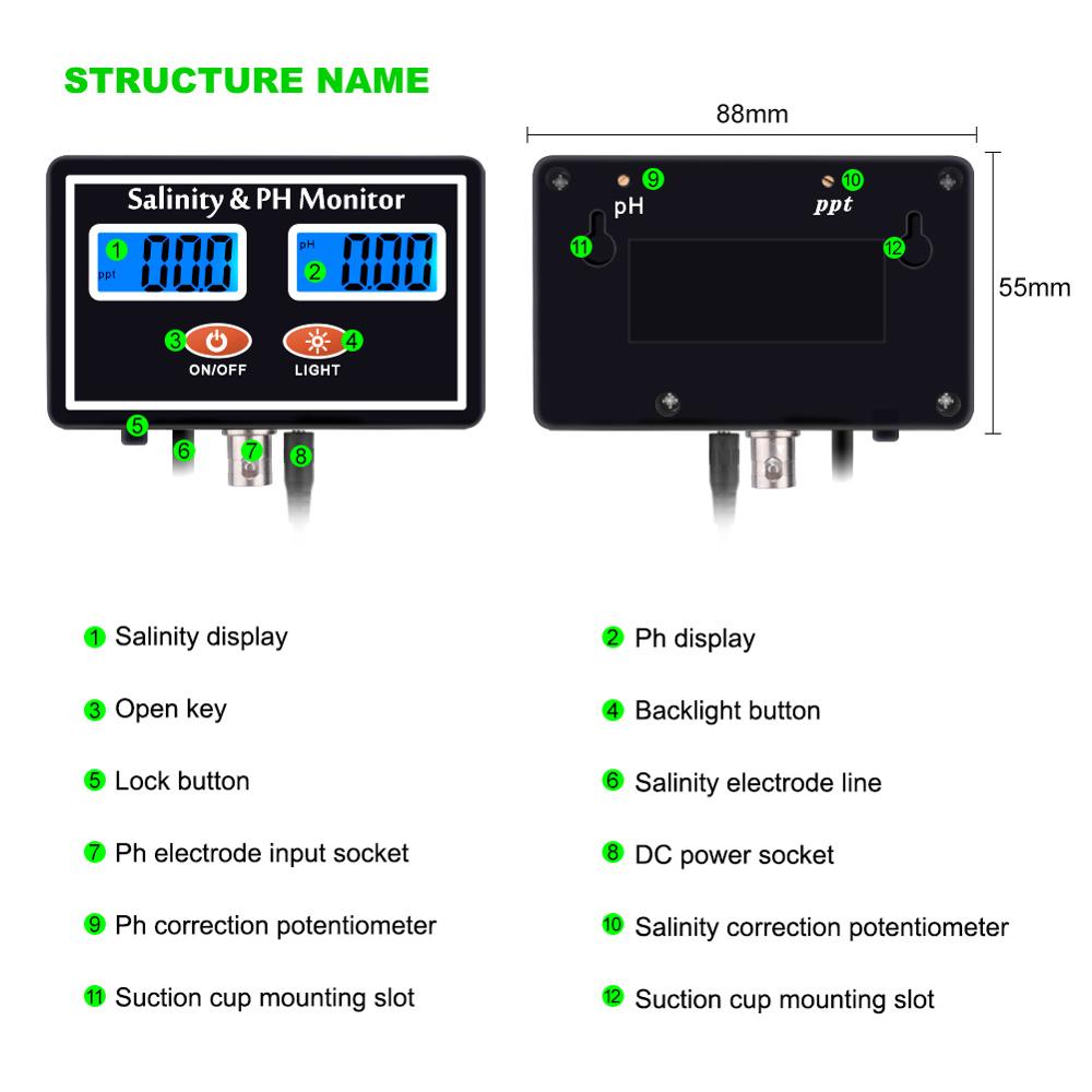 Online PH & Salinity Monitor 2 in 1 Tester for Aquarium Pool Spa Seawater Horticultural Water Quality