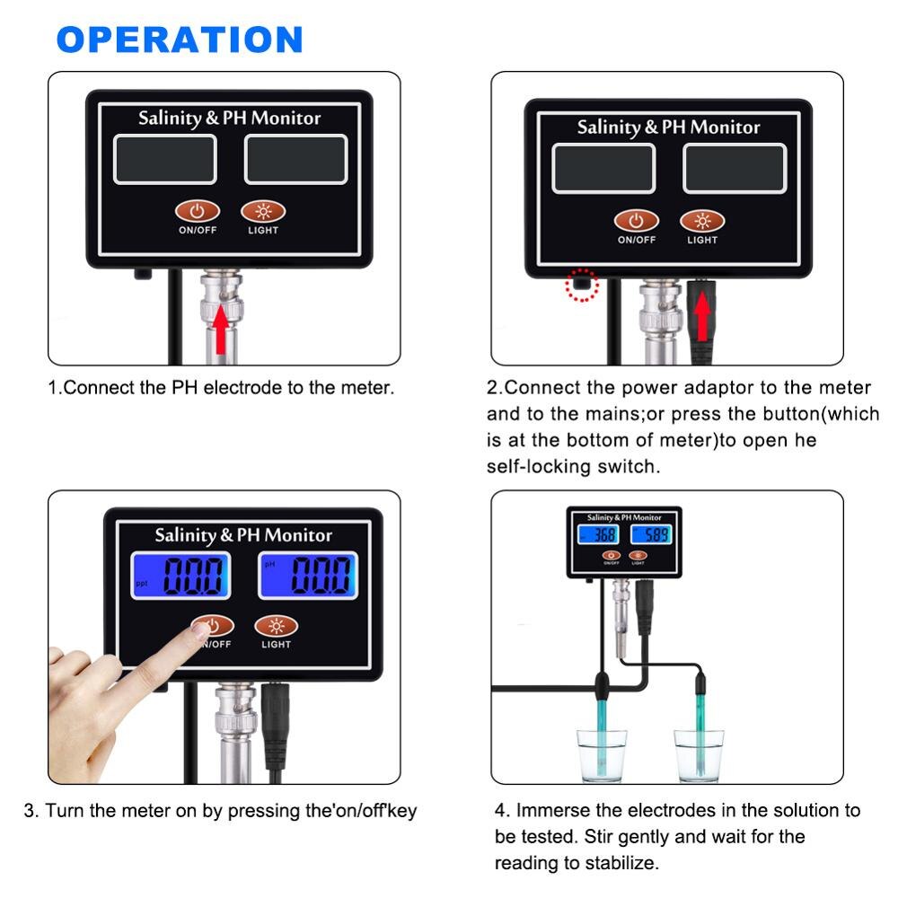 Online PH & Salinity Monitor 2 in 1 Tester for Aquarium Pool Spa Seawater Horticultural Water Quality