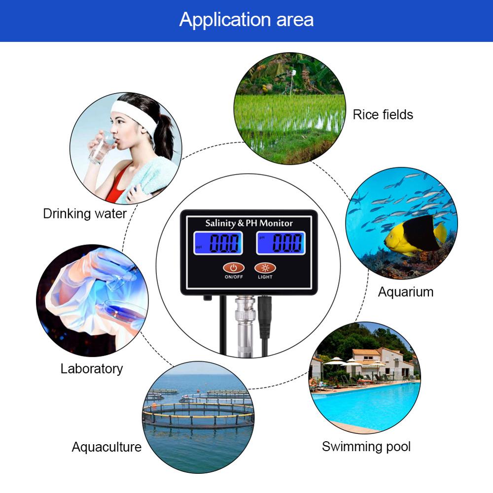 Online PH & Salinity Monitor 2 in 1 Tester for Aquarium Pool Spa Seawater Horticultural Water Quality