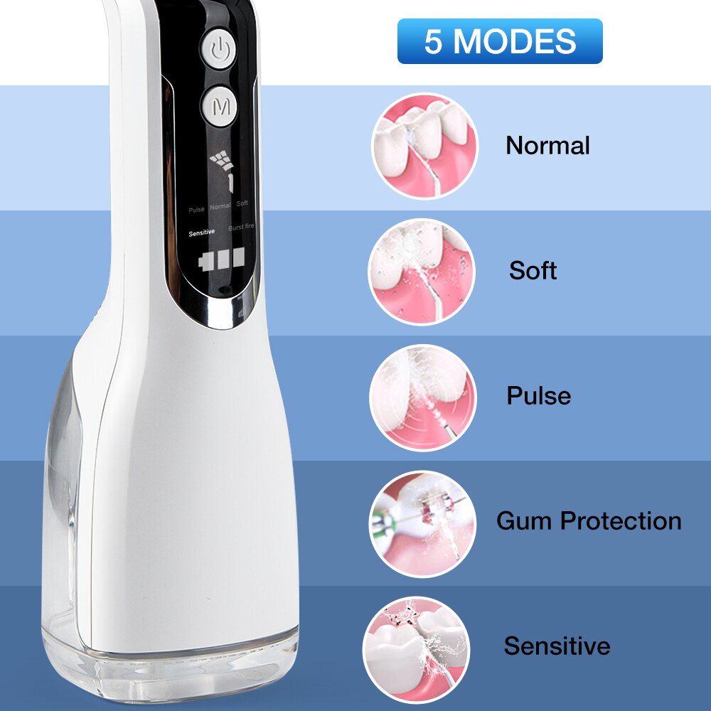 Oral Irrigator USB Rechargeable Water Flosser Portable 5 Mode 300ML Water Tank 4pcs Water Jet Tips Waterproof IPX6 Teeth Cleaner