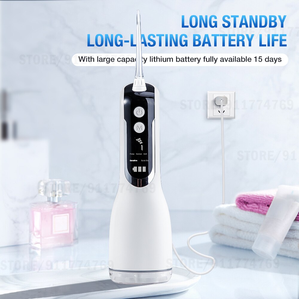 Oral Irrigator USB Rechargeable Water Flosser Portable 5 Mode 300ML Water Tank 4pcs Water Jet Tips Waterproof IPX6 Teeth Cleaner