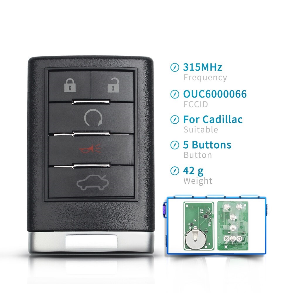 OUC6000066 Replacement Keyless Entry Remote Key Control Fob 5 Buttons For Cadillac Escalade STS CTS DTS 2008- 2011