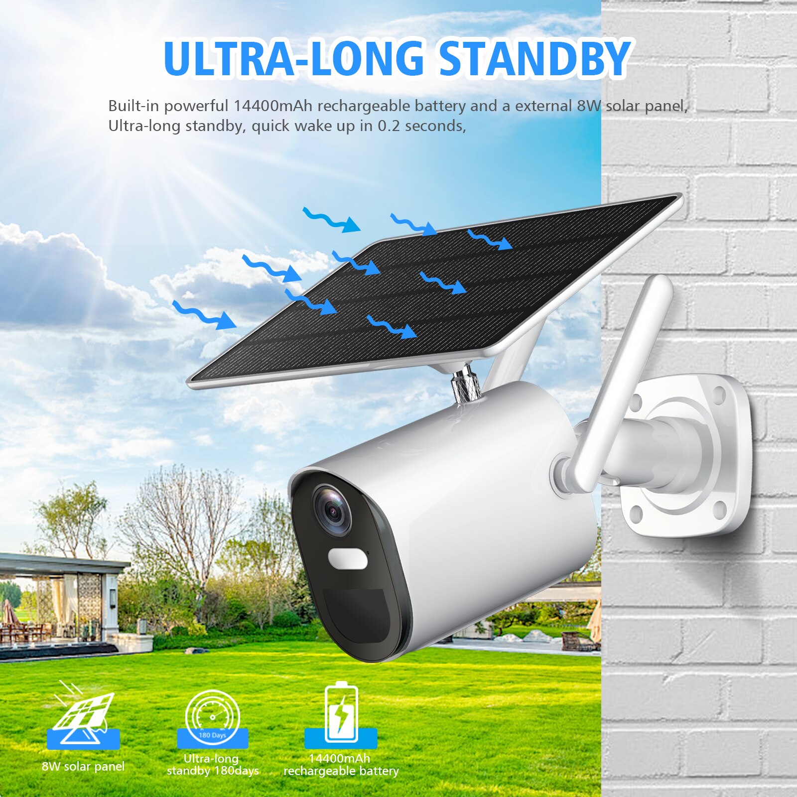 Outdoor Solar IP Camera 1080P Wireless WiFi Camera Solar Panel Rechargeable Battery PIR Motion Alarm Two Way Audio Security Cam