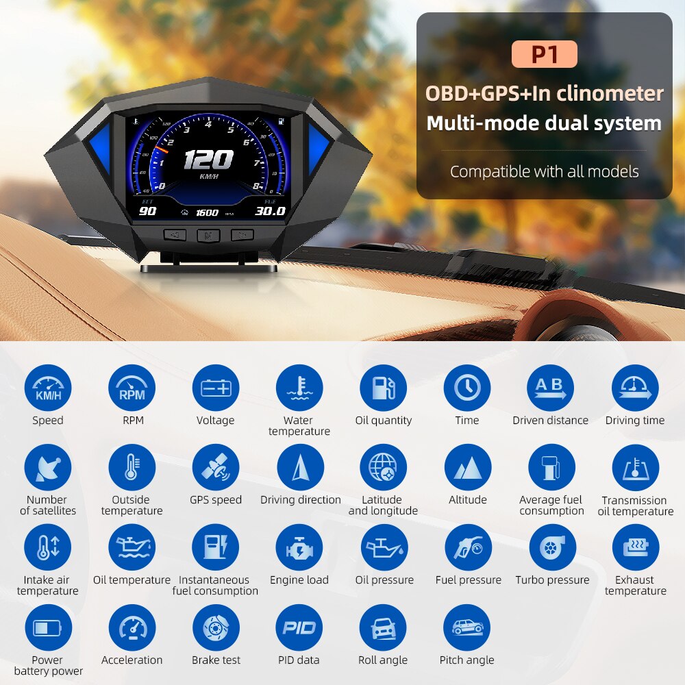 P1 Car LED Hud OBD2 Head Up Display Water Temp RPM MPH KMH Speed Alarm Electronic Incline Meter GPS for All Models