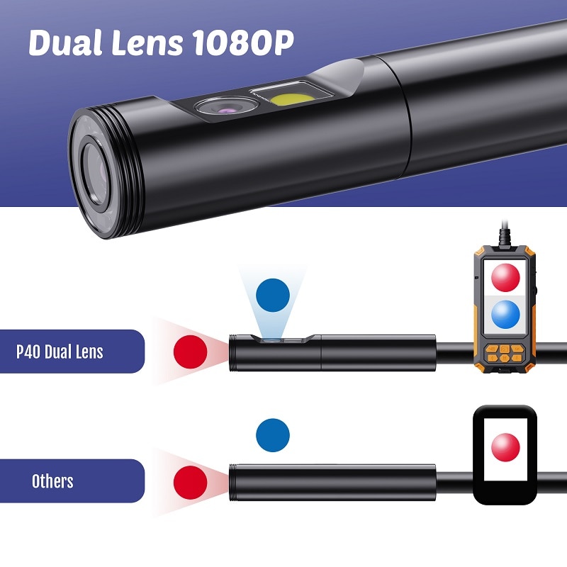 P40 Industrial Endoscope 8MM Single & Dual Lens Camera Borescope 1080P HD 4.3" IPS Screen IP68 Waterproof LED Lights 2600mAh Battery
