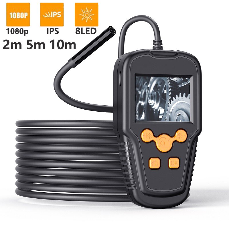 P60 Industrial Endoscope Camera 8MM Lens 2.4 Inch IPS Screen Borescope HD1080P Rigid Cable Waterproof LED Lights 2600mAh Battery