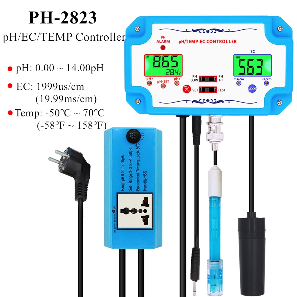 PH-2823 3 in 1 pH/TEMP/EC Controller pH Water Quality Detector  Relay Plug Repleaceable Electrode BNC Type Probe Water Tester