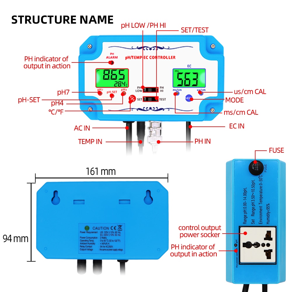 PH-2823 3 in 1 pH/TEMP/EC Controller pH Water Quality Detector  Relay Plug Repleaceable Electrode BNC Type Probe Water Tester