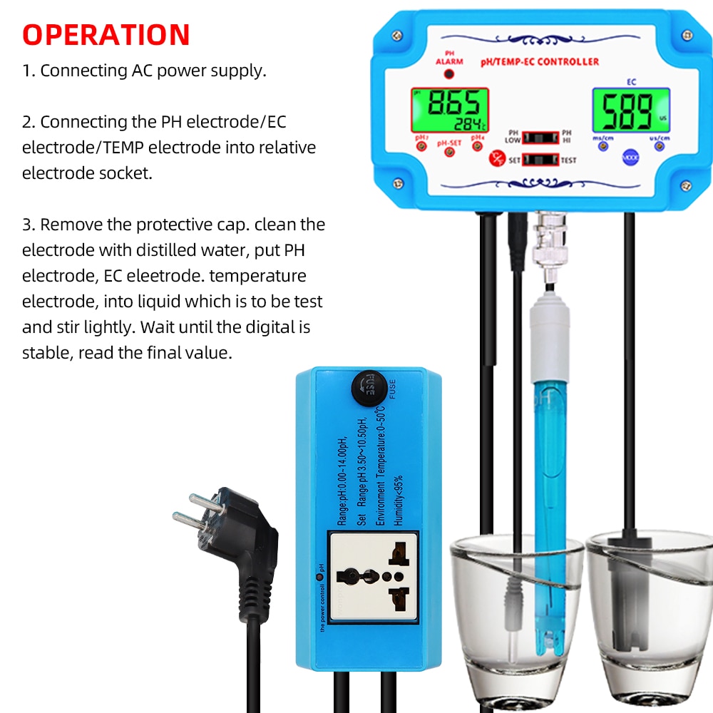 PH-2823 3 in 1 pH/TEMP/EC Controller pH Water Quality Detector  Relay Plug Repleaceable Electrode BNC Type Probe Water Tester