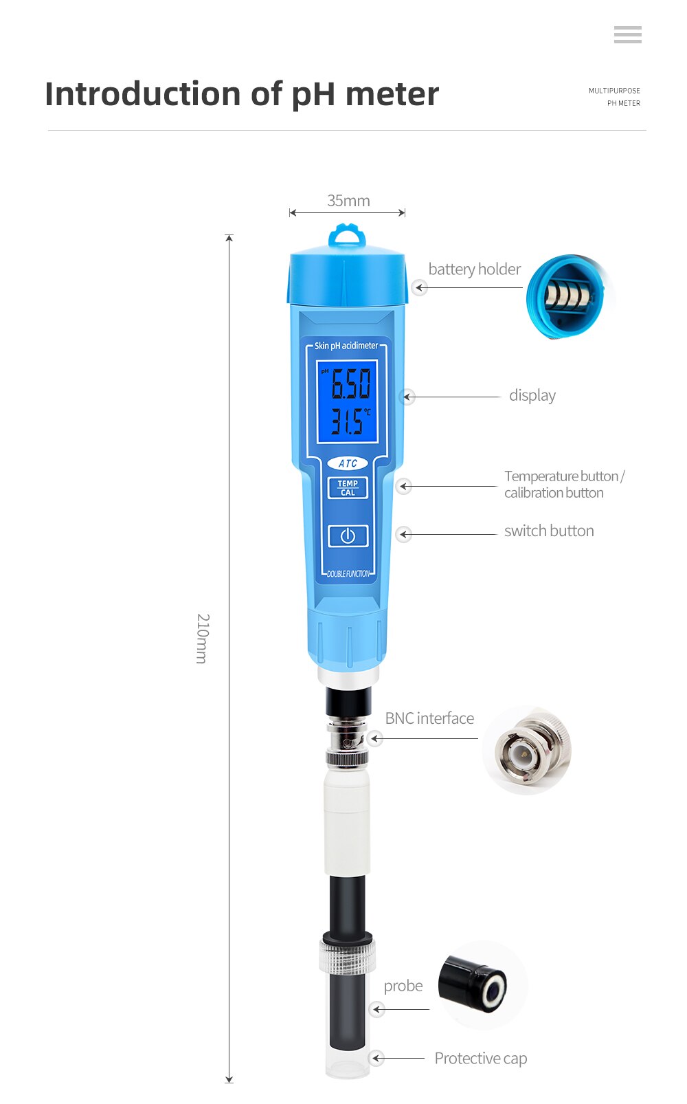 PH-6118 Skin Ph Acdimeter 2 in 1 Skin PH Tester PH Meter Automatic Calibrating With Backlight for Meat Fruit Milk Lab