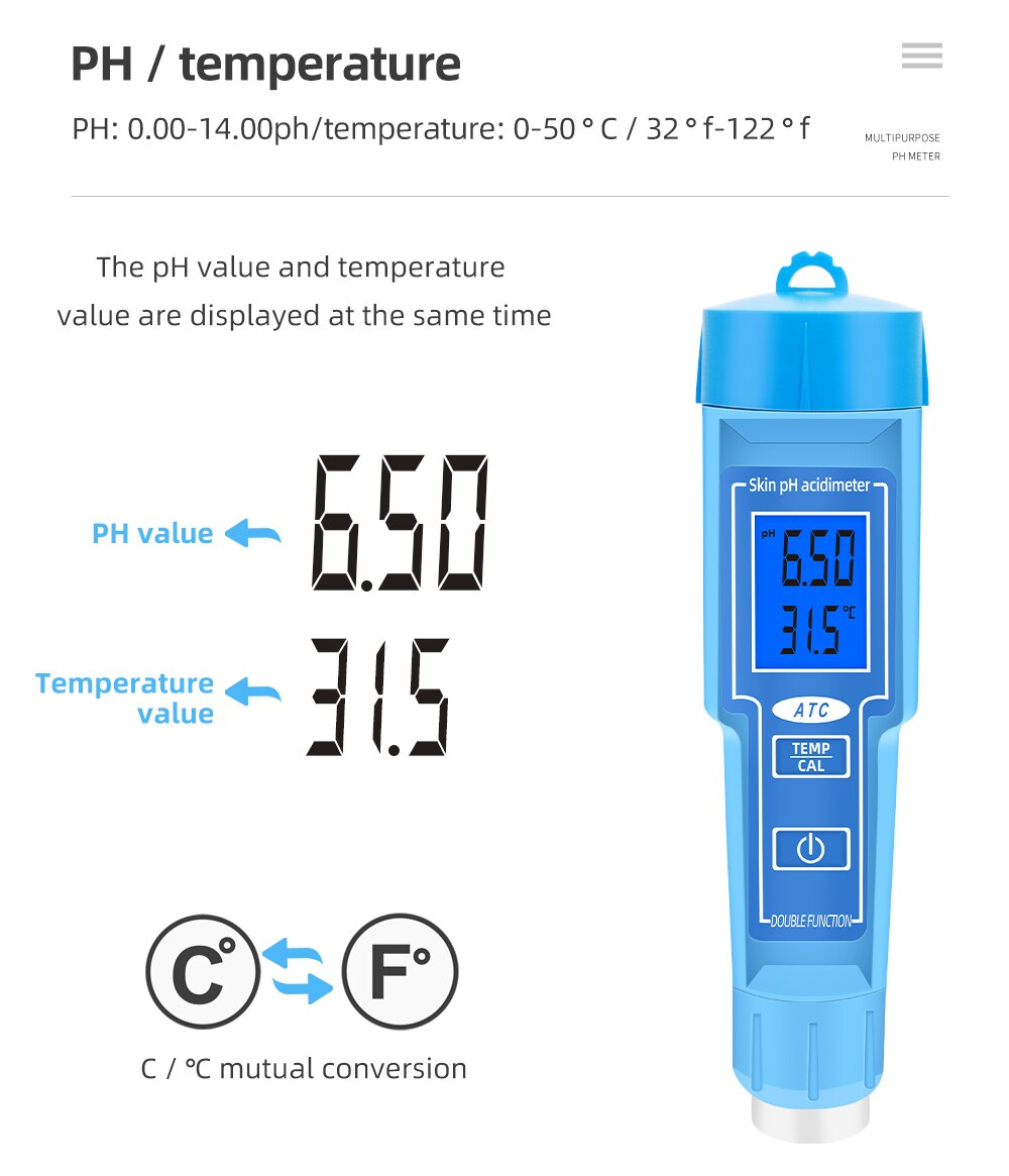 PH-6118 Skin Ph Acdimeter 2 in 1 Skin PH Tester PH Meter Automatic Calibrating With Backlight for Meat Fruit Milk Lab