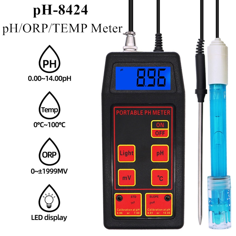 pH-8424 pH/ORP/TEMP Meter High Accuracy 3 in 1 Portable with Replaceable pH & ORP Electrodes Temperature Probe