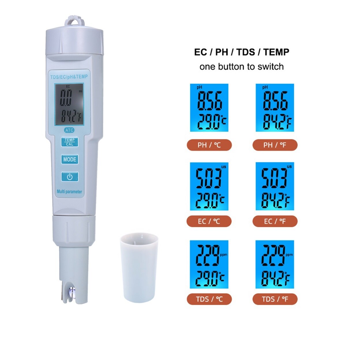 4 in 1 Water Quality Tester pH/EC/TDS/Temperature Meter IP55 Waterproof Automatic Shutdown Backlight Display Tester White PH-686