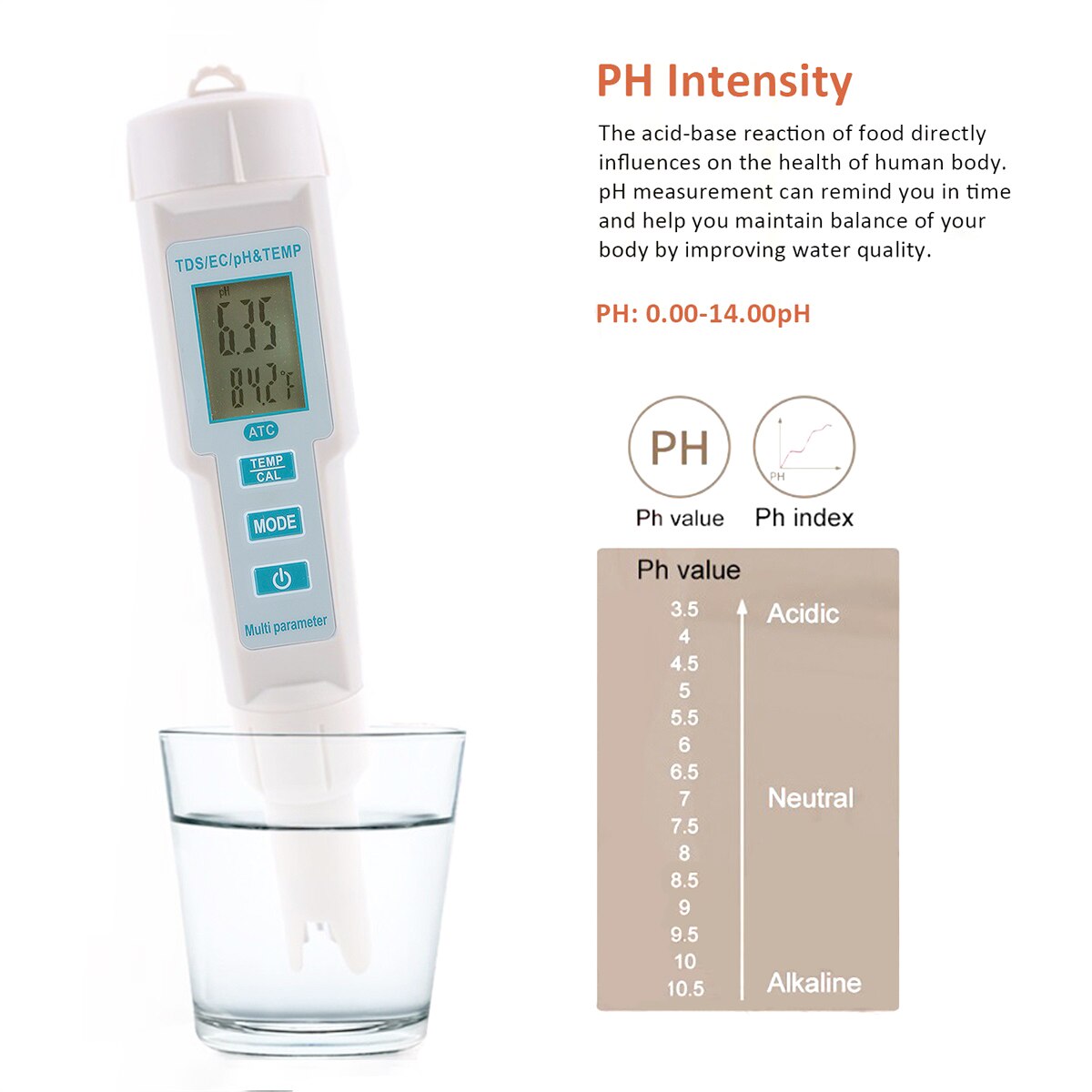 4 in 1 Water Quality Tester pH/EC/TDS/Temperature Meter IP55 Waterproof Automatic Shutdown Backlight Display Tester White PH-686