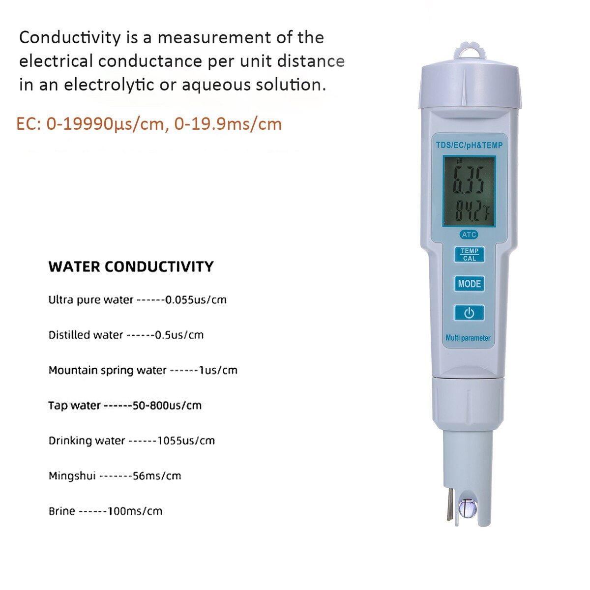 4 in 1 Water Quality Tester pH/EC/TDS/Temperature Meter IP55 Waterproof Automatic Shutdown Backlight Display Tester White PH-686