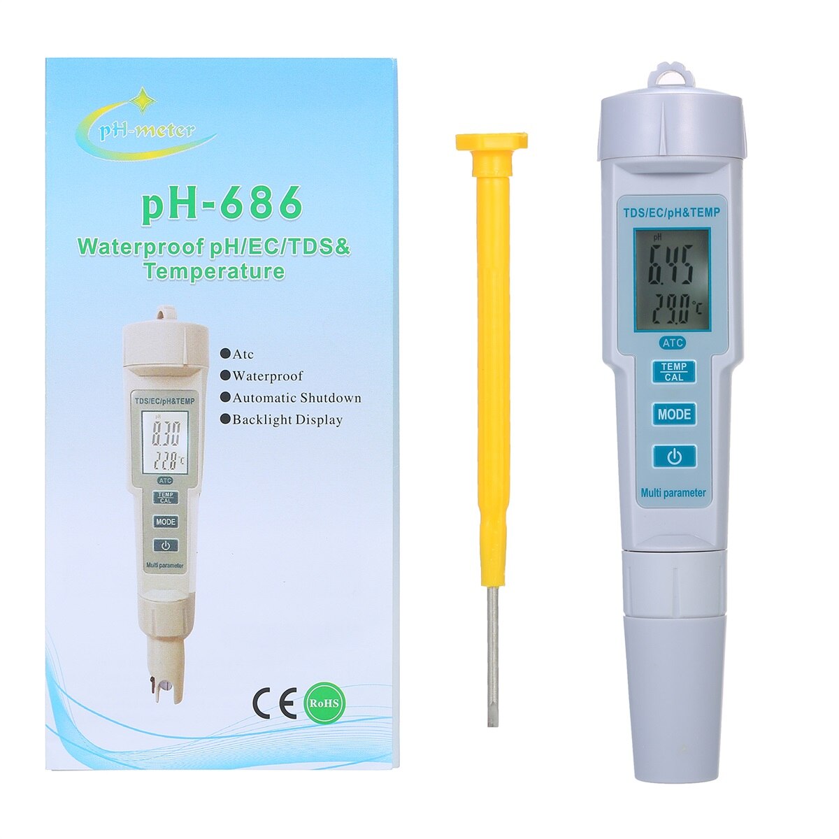 4 in 1 Water Quality Tester pH/EC/TDS/Temperature Meter IP55 Waterproof Automatic Shutdown Backlight Display Tester White PH-686