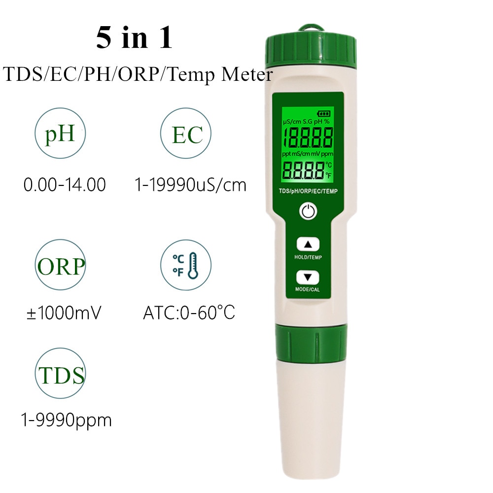 5 in 1 PH/TDS/EC/ORP/Temperature Meter PH Meter Digital Water Quality Monitor Tester for Pools Drinking Water Aquariums