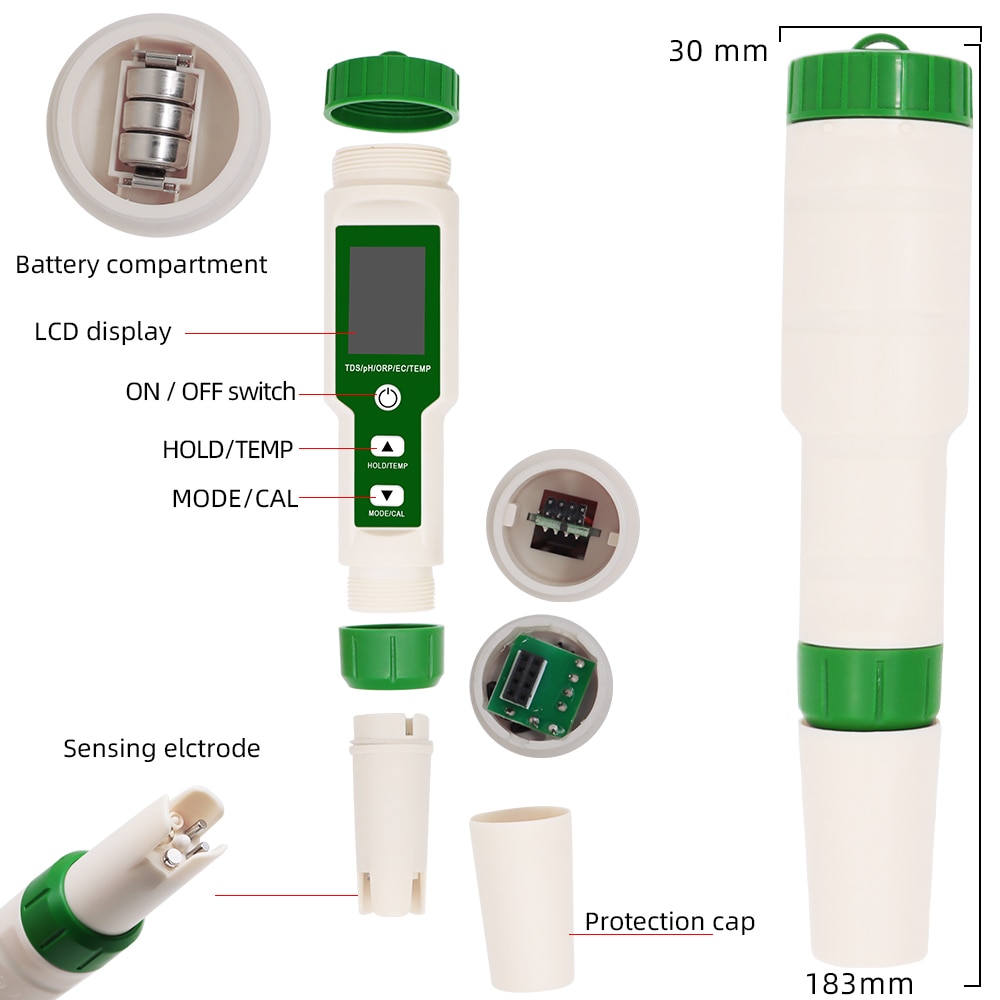 5 in 1 PH/TDS/EC/ORP/Temperature Meter PH Meter Digital Water Quality Monitor Tester for Pools Drinking Water Aquariums