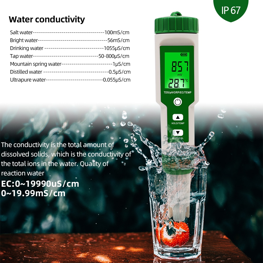 5 in 1 PH/TDS/EC/ORP/Temperature Meter PH Meter Digital Water Quality Monitor Tester for Pools Drinking Water Aquariums