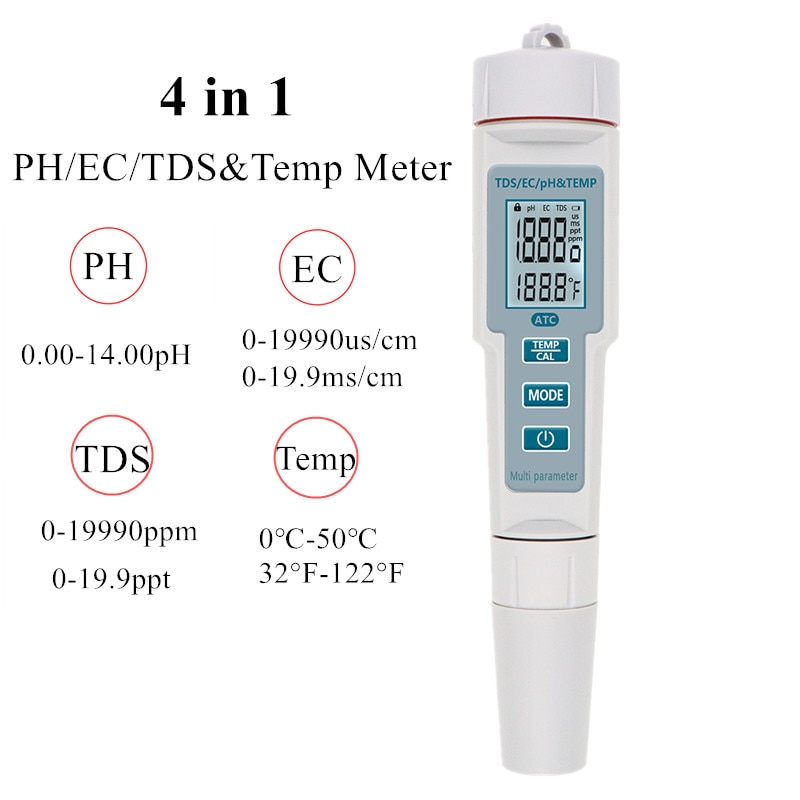 4 in 1 PH/TDS/EC/Temp Meter Waterproof PH Meter Water Quality Meter PH tester for Pools, Drinking Water, Aquariums