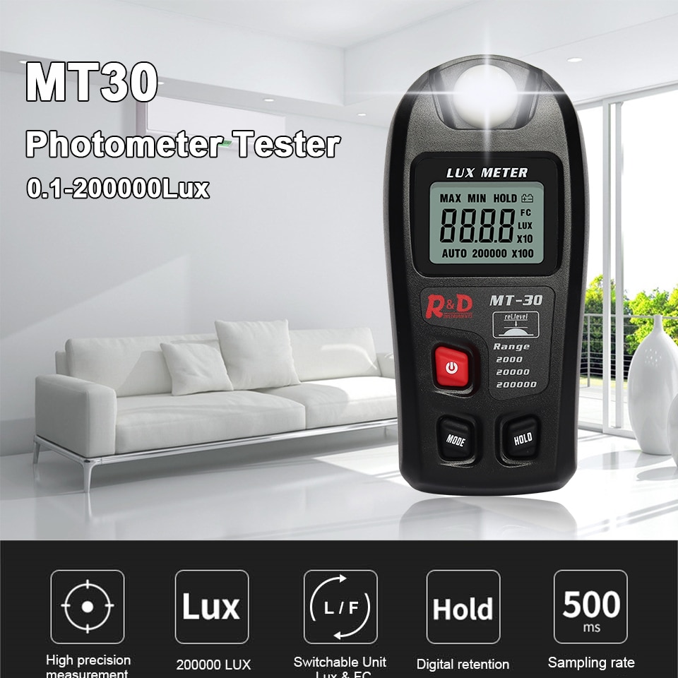 MT30 Photometer Tester Enviromental Testing Lux Meter 0~200,000lux Range Light Meter Pocket Design Illuminometer Lux/fc