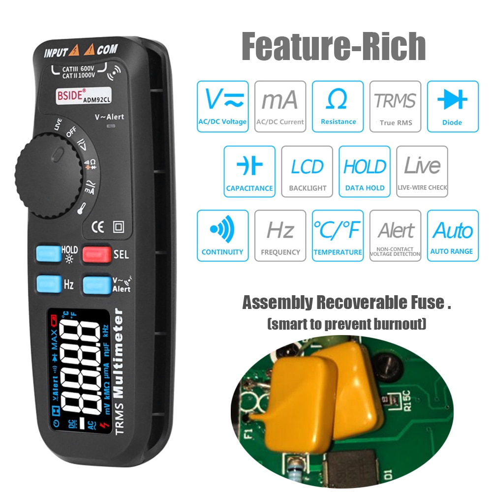 ADM92CL Pocket Digital Multimeter Color LCD Auto Range True RMS Voltmeter voltage Pen Capacitance NCV Tester DIY Electricity Tool