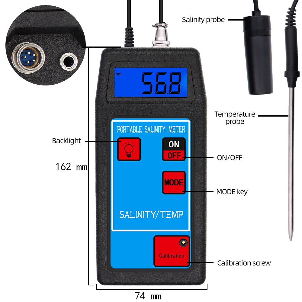 Portable Salinity Temp Meter Salinity-8425 Salinity Meter with Replaceable Probe Salinity Monitor for aquarium drinking